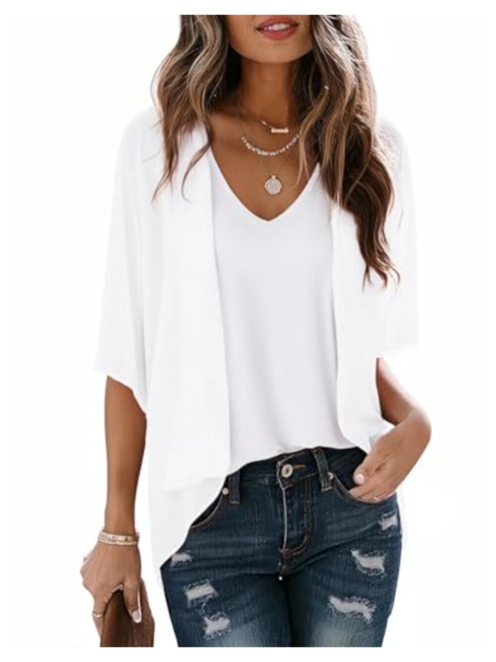 Women Lightweight Chiffon Cardigan Puff Sleeve Loose Beach Cover Up Blouse Top